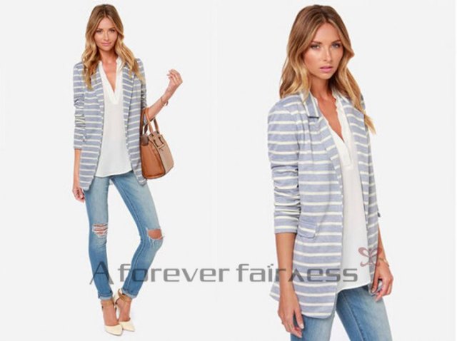 gray and white striped cotton blazer with v-neck blouse