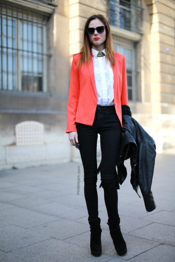 best orange blazer with white button up shirt and high skinny jeans