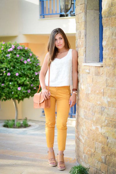 white sweater with mustard yellow skinny ankle pants