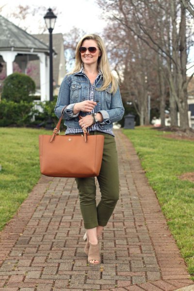 blue denim jacket with plaid blouse and cropped green pants
