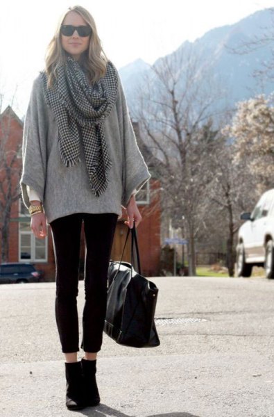 gray sweater with plaid scarf and short leggings