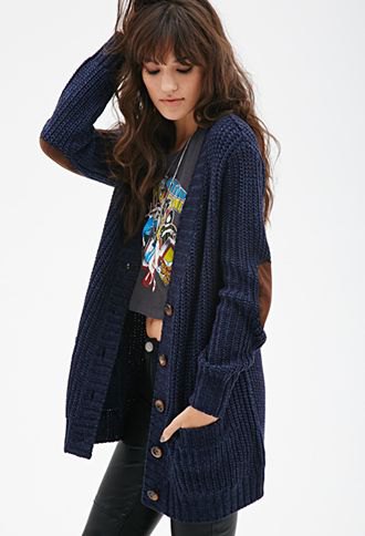 deep navy ribbed long line cardigan with gray cropped tee