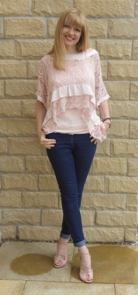 half sleeve lace boat neck blouse with dark blue cuffed skinny jeans