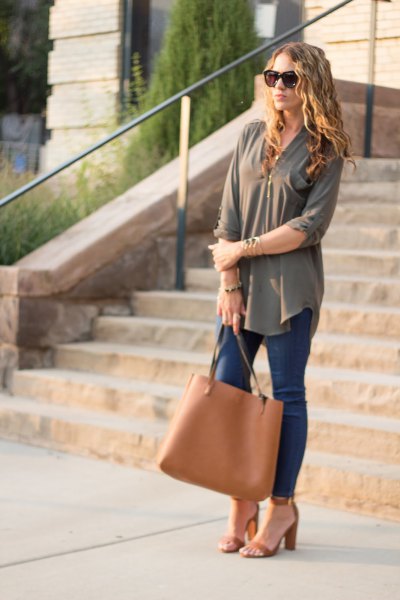 green chiffon blouse with orangey brown leather case