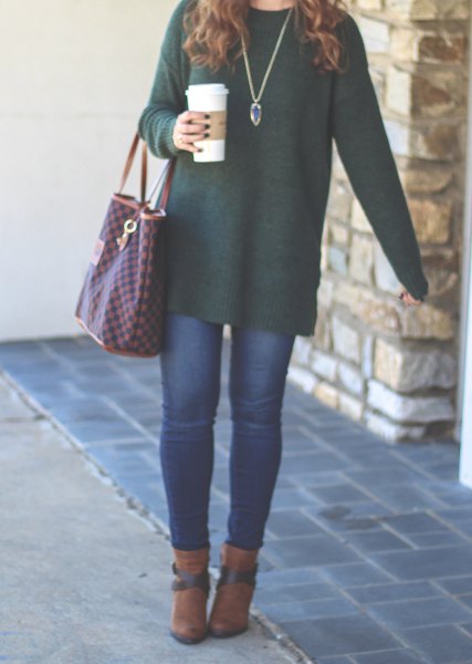 green long top with camel boots