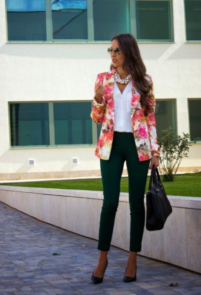 pink pink blazer with white shirt with button linen and black ankle jeans