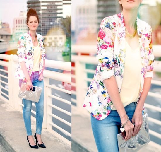 white floral printed blazer with light yellow tank top