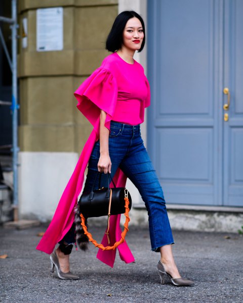 warm pink bell sleeve blouse with cropped blue jeans