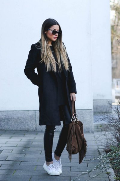 black long wool coat with leather legs