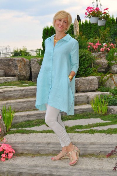 sky blue button up extra long tunic shirt with light gray skinny jeans