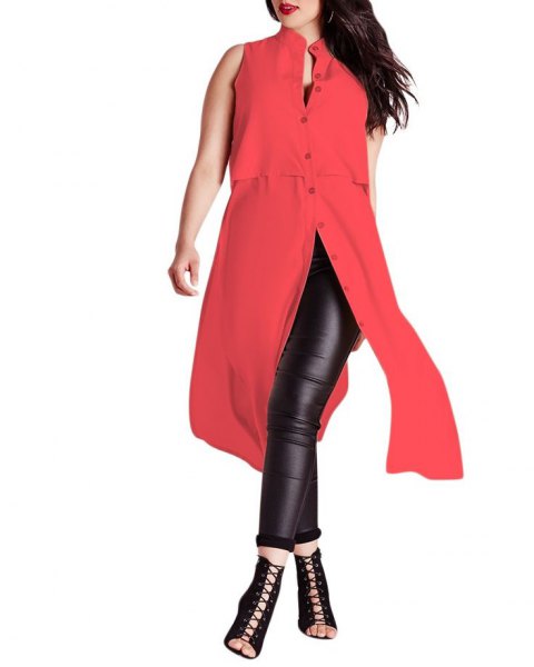 red sleeveless button up extra long tunic top with black leather leggings