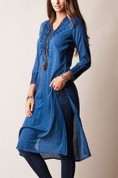 black tribal pattern embroidered cotton long tunic with dark skinny jeans