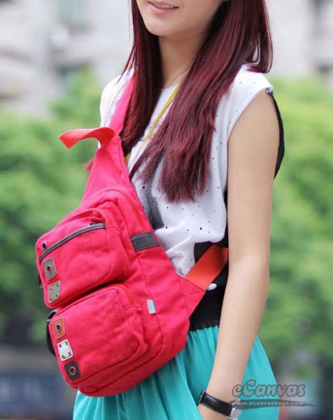 white sleeveless top with sky blue skirt and pink sling bag