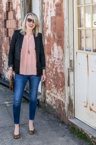 black casual blazer with pink chiffon blouse and blue jeans