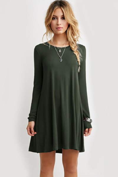 army green mini swing dress with silver necklace