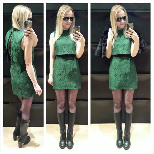 two-piece green two-piece dress with black knee-high boots