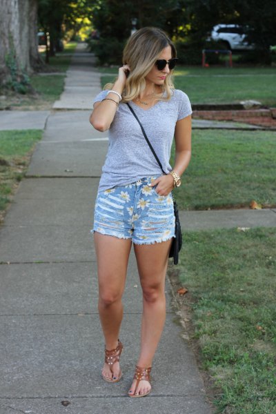 gray fitted t-shirt with blue denim cut shorts
