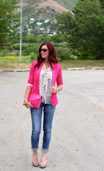 white ribbon bow printed blouse with neon pink blazer and jeans