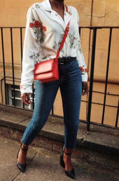 white button up floral printed blouse with blue jeans