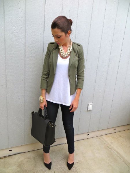 blazer with white long tank top and black jeans