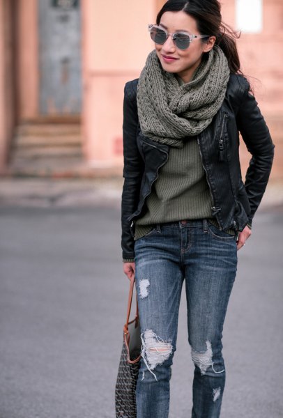 gray sweater with knitted scarf and black petite jacket