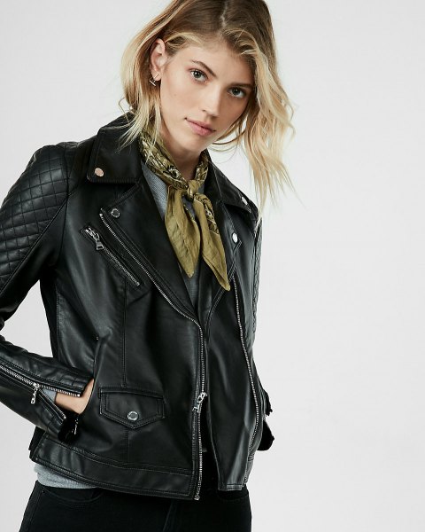 black quilted petite leather jacket with green ribbon