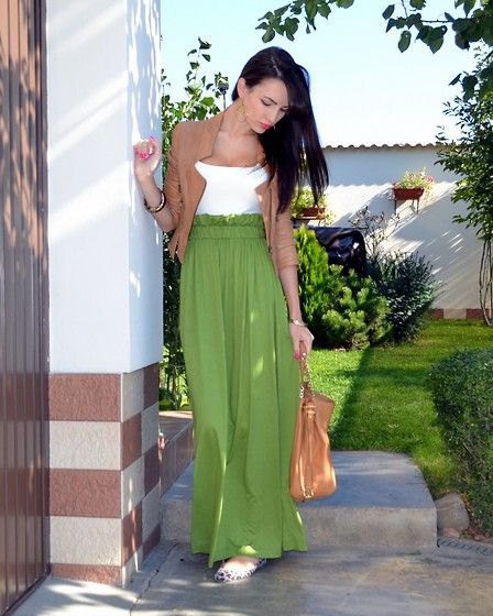 green blazer with white top and high waisted maxi dress