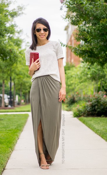 white sweater with green maxi slit skirt