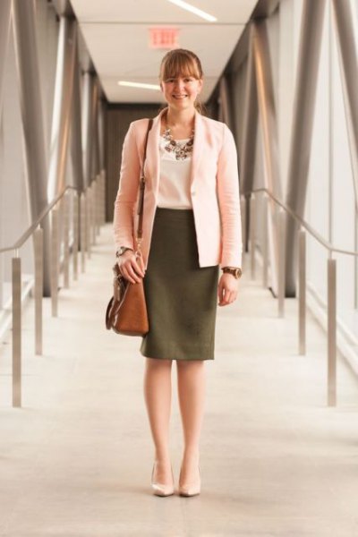 white blazer with olive pencil skirt