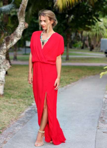 red v-neck short sleeve wrap wear dress with boho neckline