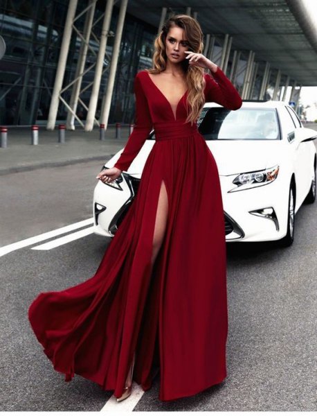 red silk deep v-neck long-sleeved flowing dress