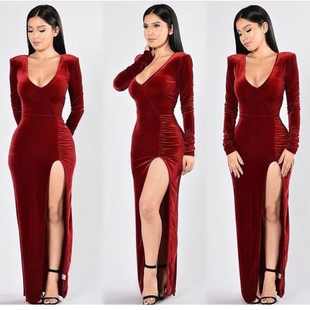 red low cut velvet maxi dress with black heels with open toe