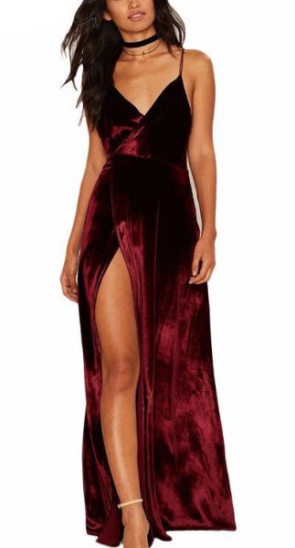 burgundy velvet dress maxi dress with black choker