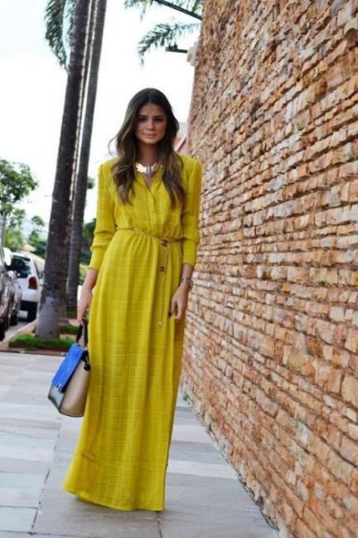 yellow patterned maxi shirt dress with silver choker necklace