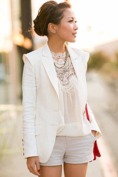 white linen blazer with lace and chiffon blouse