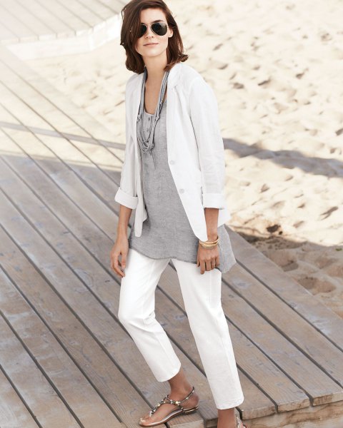 white linen blazer with gray casual fit cotton tunic top