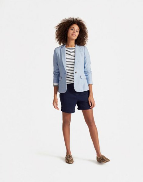 light blue linen blazer with navy blue and white striped tee