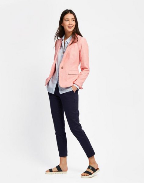 blush pink linen blazer with light blue shirt and slip sandals