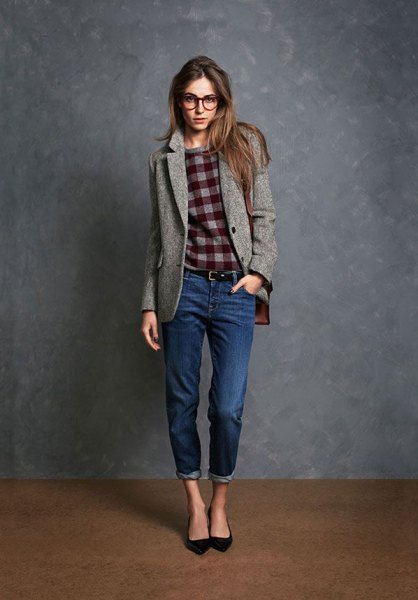 gray wool blazer with checkered sweater and cuffed jeans