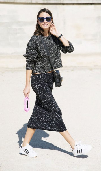 Heather gray sweater with midi knitted skirt