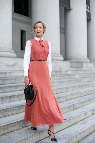 pleated sleeveless lace maxi peach dress with white collar shirt
