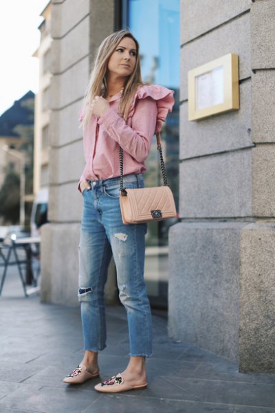 pink ruffle shoulder button up shirt with cropped jeans