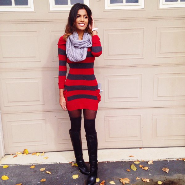 red and navy striped sweatshirt with black over the knee boots