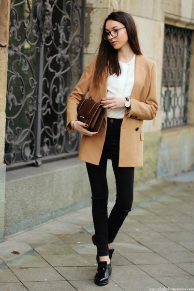 camel double breasted blazer with white blouse and black skinny jeans