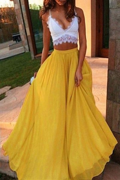 white deep v-neck lace crop with yellow long flowing chiffon skirt