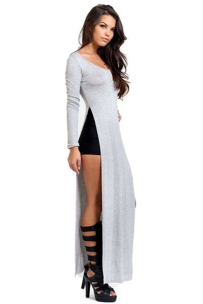 gray maxi-slit tee with black buttoned knee high boots