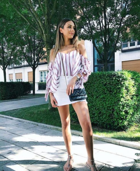 white and gray striped of the blouse with mini skirt