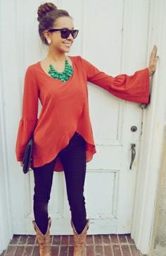 bell sleeve carol shirt with statement necklace