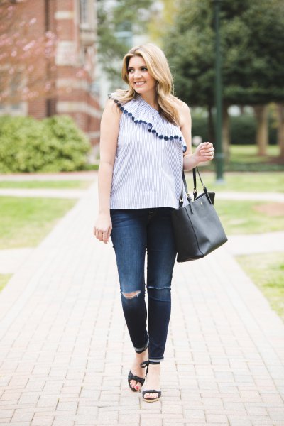 light blue a shoulder ruffle sleeveless top with slim jeans