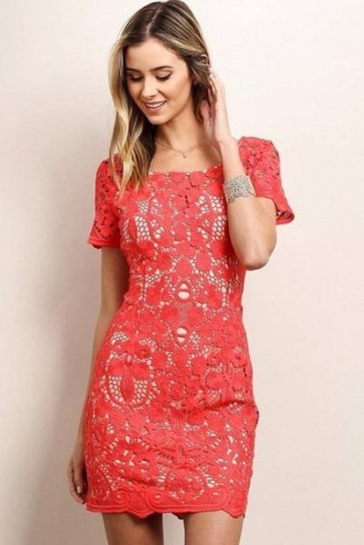 pink short sleeve lace dress